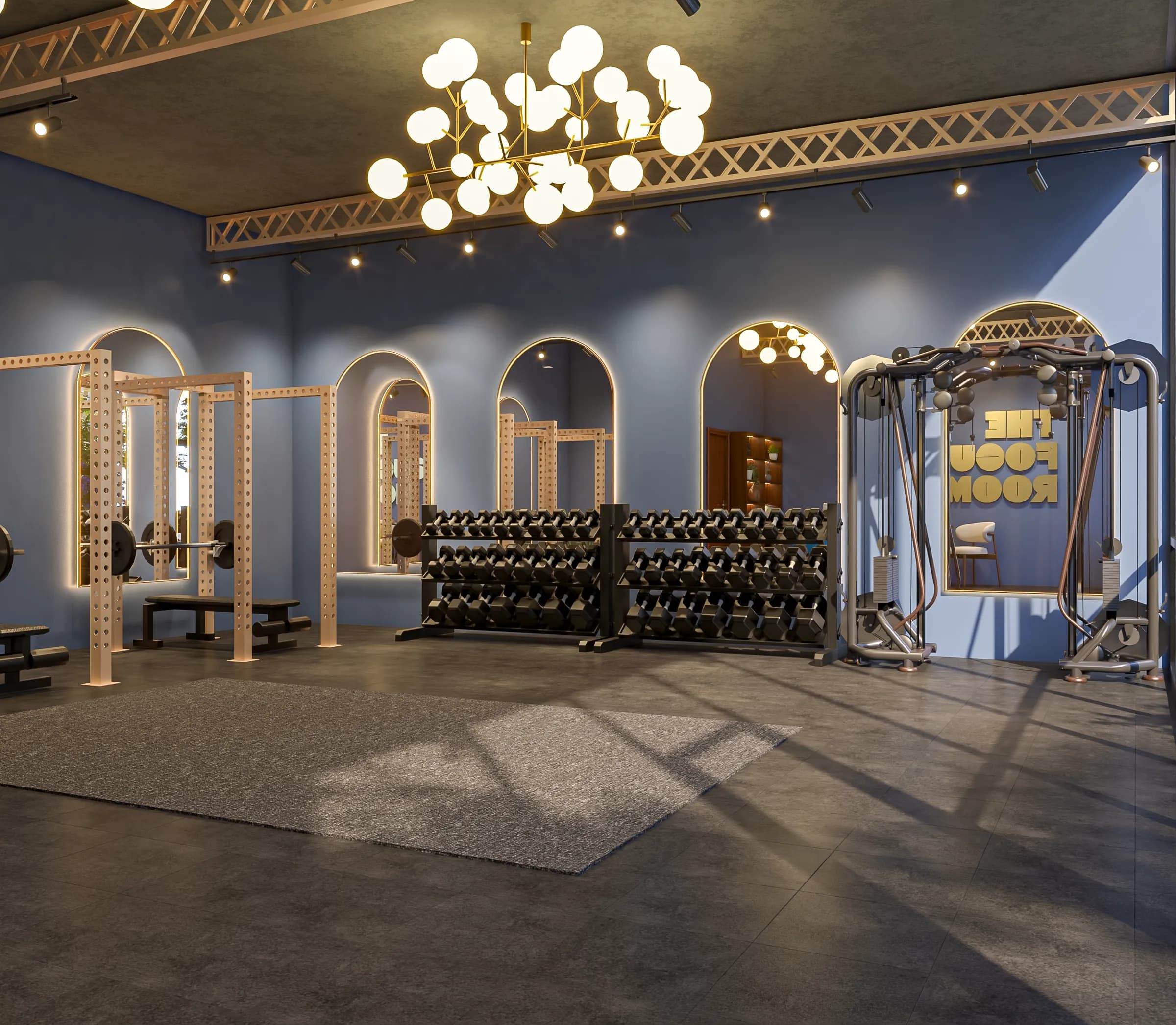 The Focus Room interior in East Austin, warm lighting, brick and steel, premium equipment