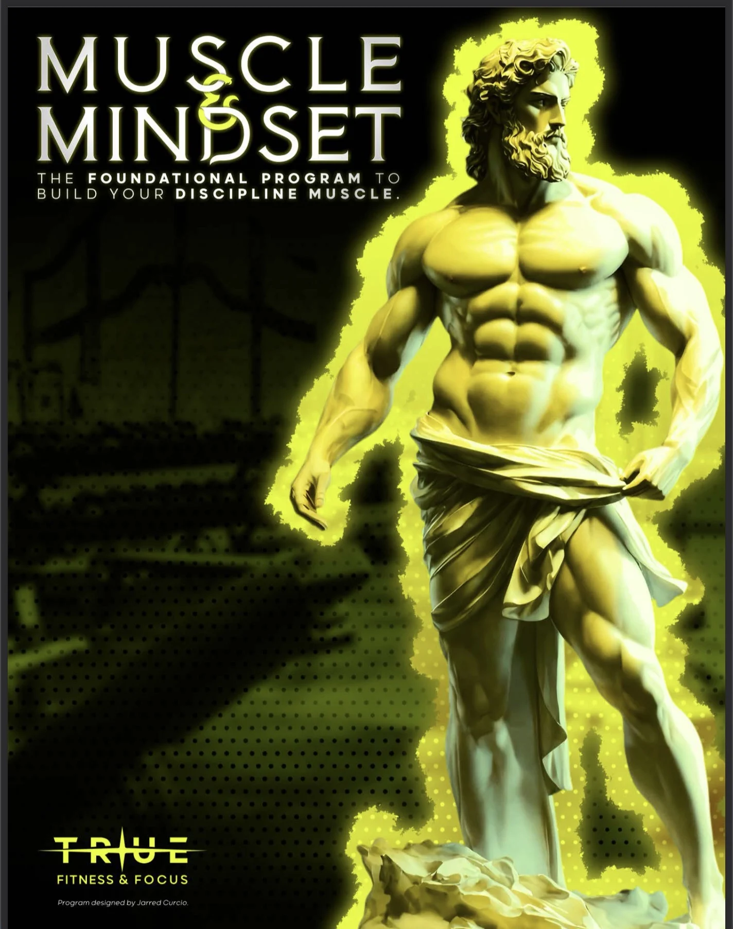 The Muscle and Mindset program cover, a classical statue lit in lime