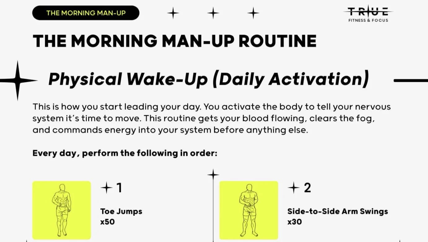 The Physical Wake-Up routine page from the Muscle and Mindset program, with numbered daily activation exercises