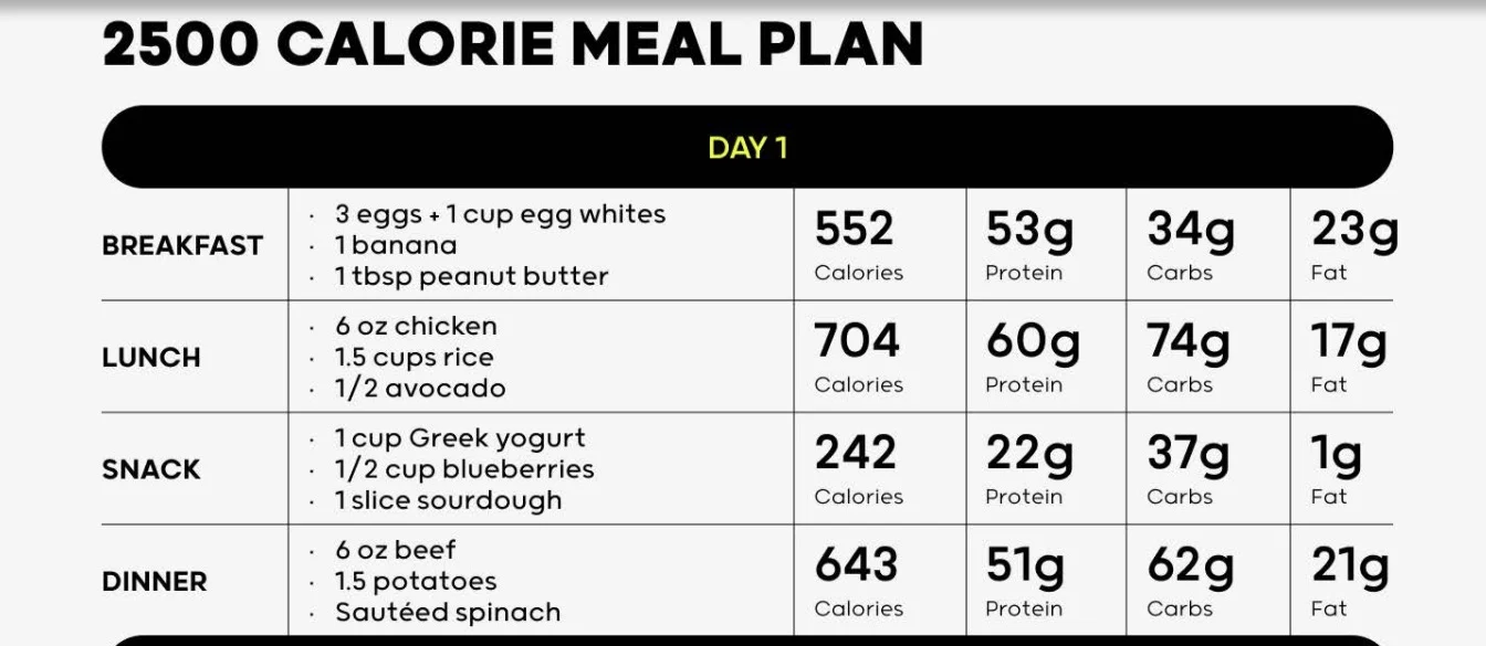The 2500 calorie meal plan page from the Muscle and Mindset program