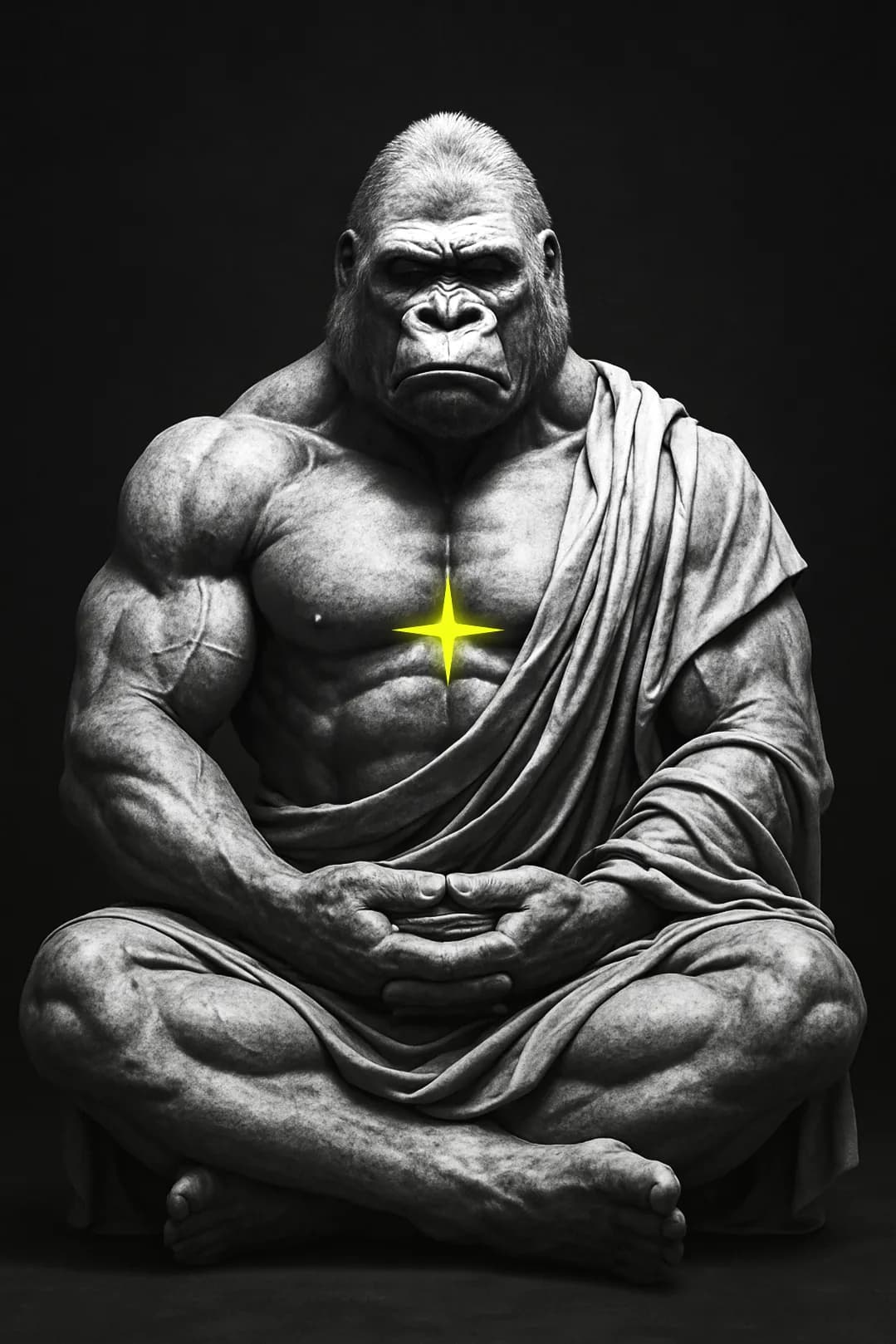 The gorilla statue seated in meditation with a lime star on its chest