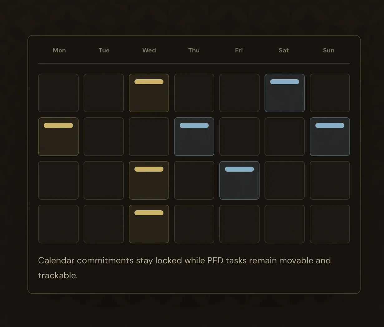 The PED software dashboard, a dark weekly calendar grid with lime and blue task blocks. Calendar commitments stay locked while PED tasks stay movable and trackable.