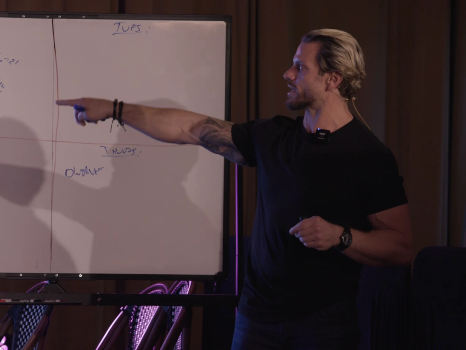 Jarred Curcio pointing at a whiteboard while teaching the weekly planning system in Austin, Texas